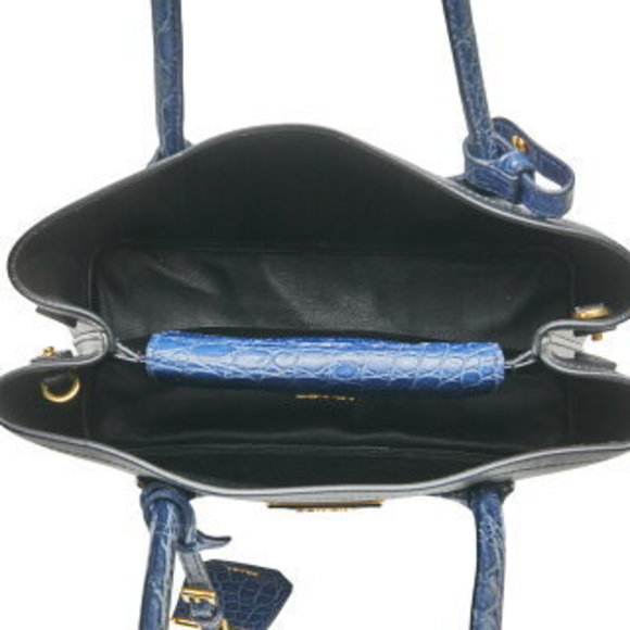 Prada Doubre Triangle Logo Plate Shoulder Bag Black Navy Blue Crocodile - Picture 10 of 10